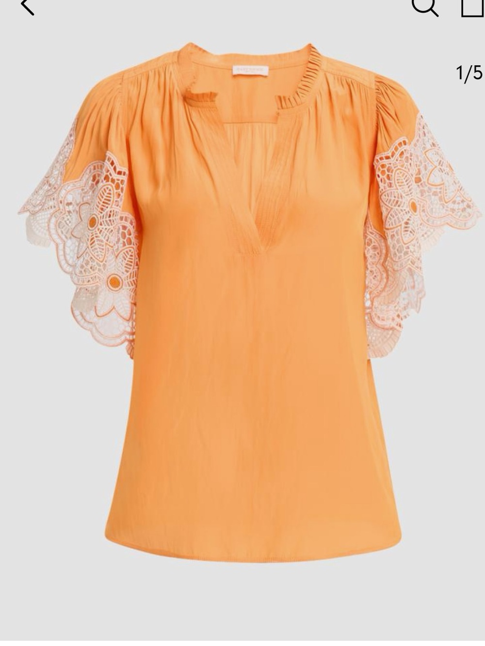 Ramy Brook Esti Embroidered-Sleeve Top — Orange with White Lace
